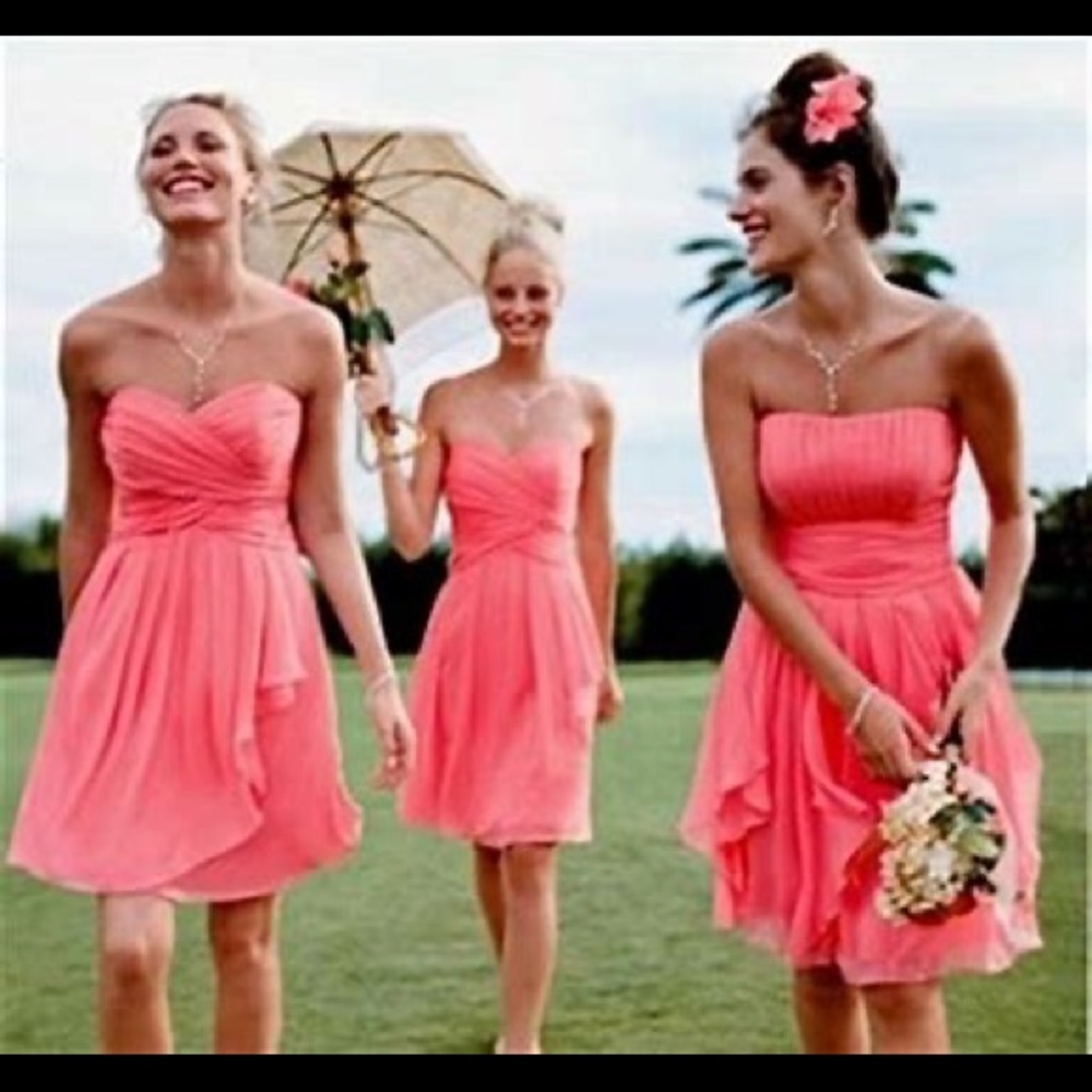 David’s Bridal coral pink chiffon bridesmaid dress